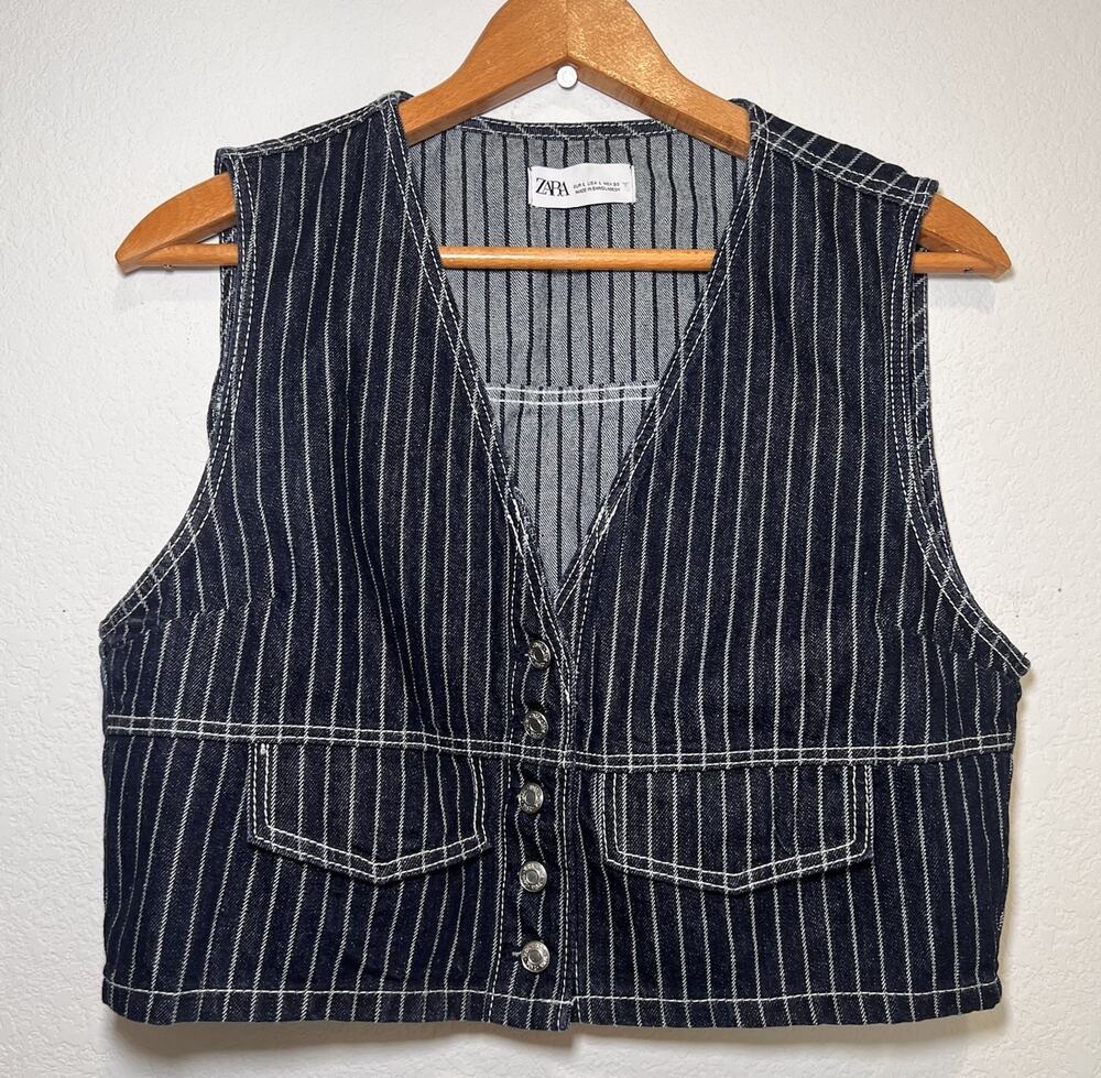 ZARA Denim Vest Size L Blue White Pinstripe Hickory V-Neck Crop Button Pockets